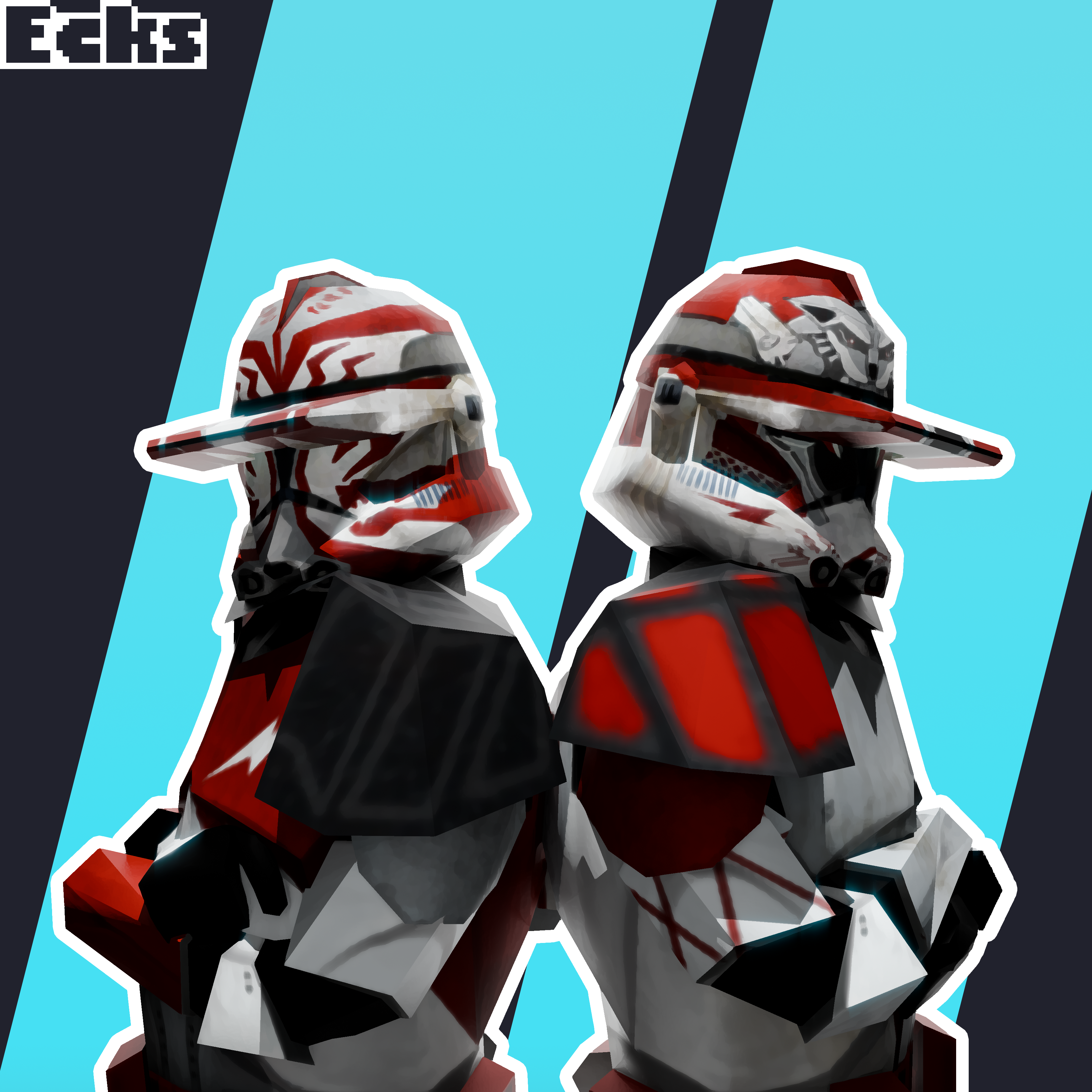 Two clone troopers standing back to back against a bright background. One is dawned in complex red paint and the other in simple red paint
