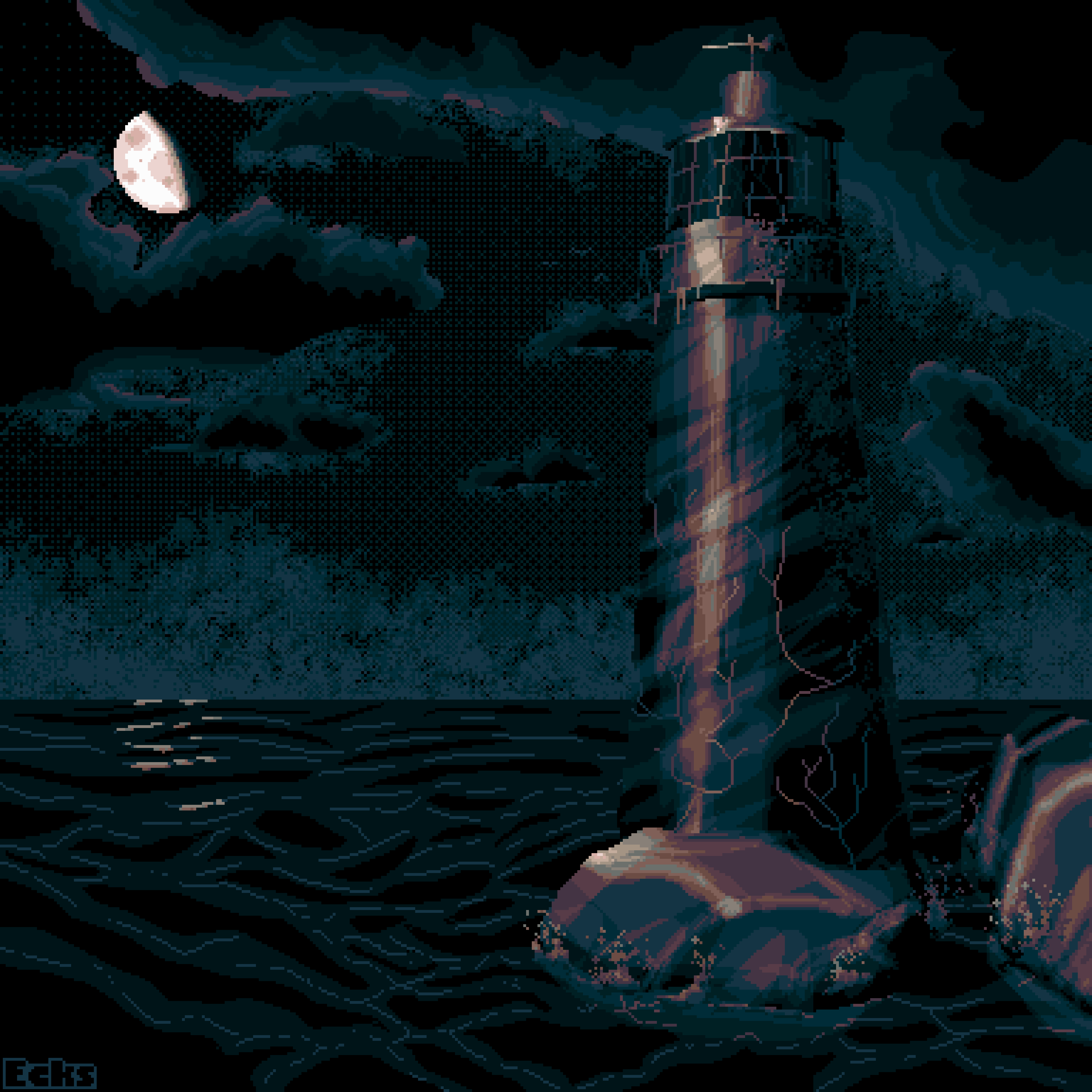 A spooky lighthouse overlooking the shore