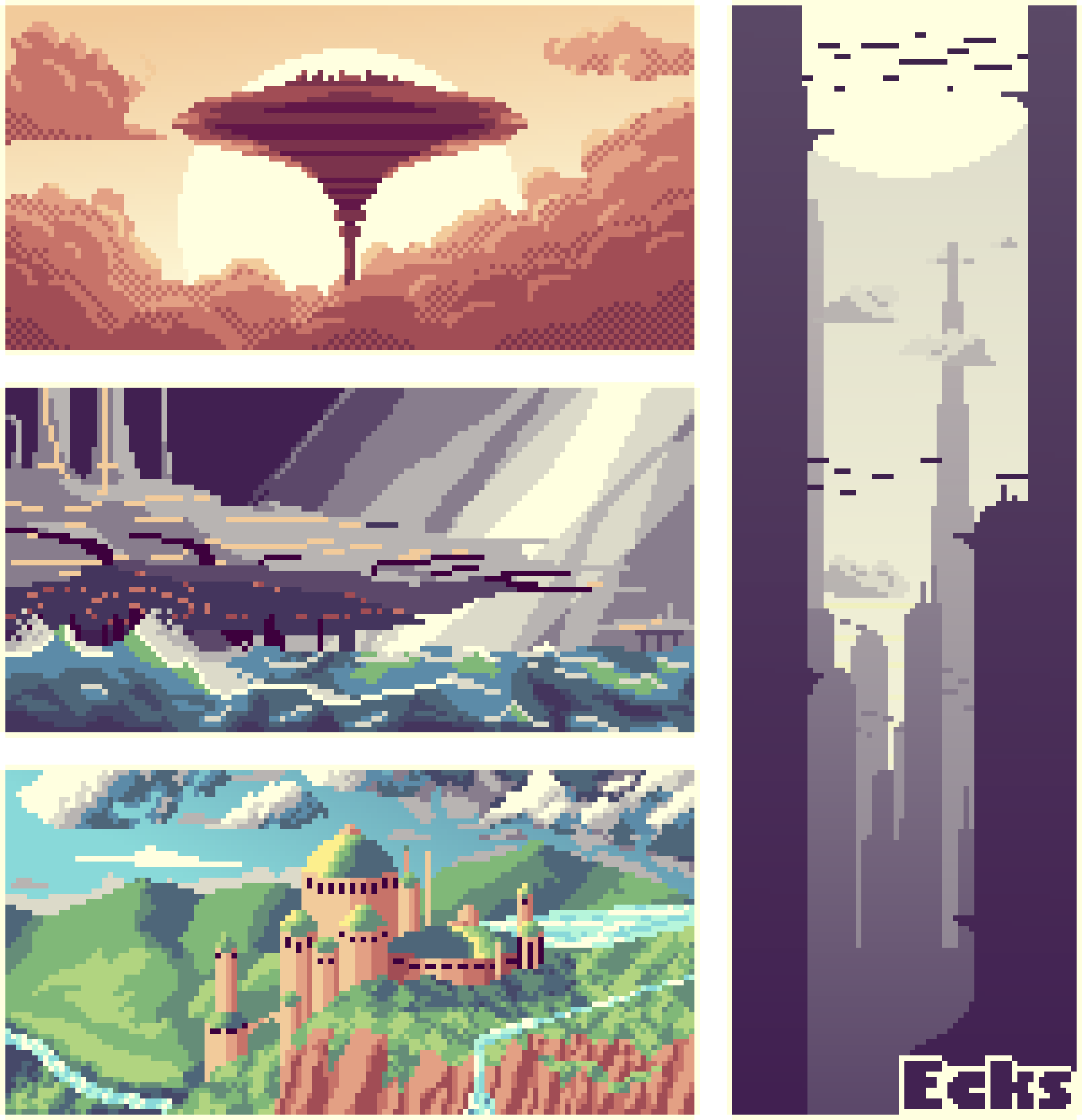 A collection of 4 pieces, all depicting a city in the Star Wars galaxy